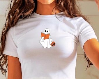 Bookish Ghost Halloween Baby Tee, Y2k, Crop top, Halloween Vintage shirt, 90s,Retro Spooky Season Baby Tee