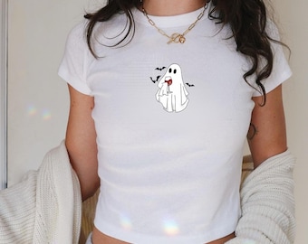 Ghost with Wine Halloween Baby Tee, Y2k, Crop top, Halloween Vintage shirt, 90s,Retro Spooky Season Baby Tee