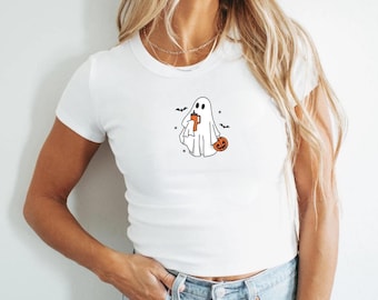 Trendy Ghost Halloween Baby Tee, Y2k, Crop top, Halloween Vintage shirt, 90s,Retro Spooky Season Baby Tee