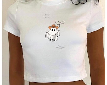 Cowboy Ghost Halloween Baby Tee, Y2k, Crop top, Halloween Vintage shirt, 90s Y2k Gothic Tee for Girls,Retro Spooky Season Baby Tee