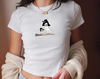 French Bulldog Halloween Baby Tee, Frenchie, Y2k, Crop top, Halloween Vintage shirt, 90s,Retro Spooky Season Baby Tee