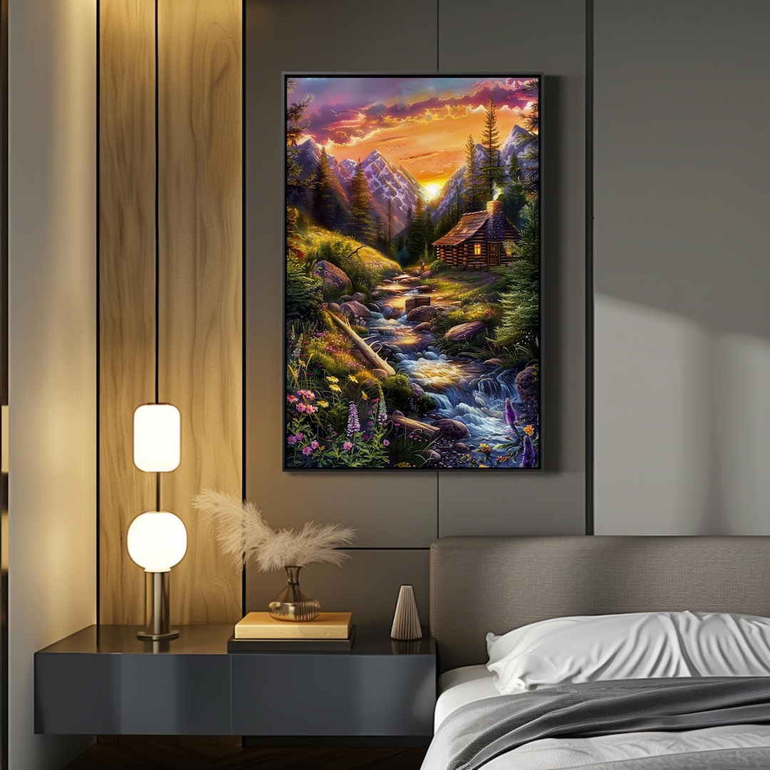 Mountain Sunset Log Cabin Art Print: Nature Wall Decor - Etsy