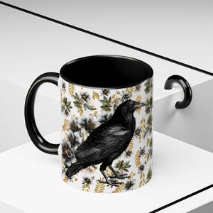 Medieval Floral Crow Mug, Medieval Floral Mug, 11oz & 15oz Black Ceramic crow mug, bird coffee mug, crow giftful mug bird lover fantasy