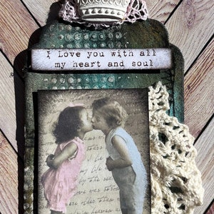 Handmade  Vintage Mixed Media Tag Art For Art Journals -