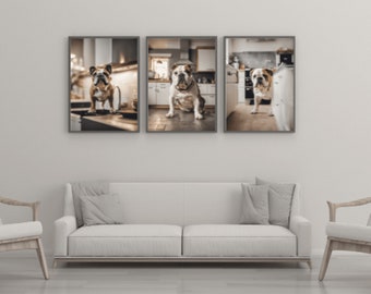 Bulldog Wall Art Three-Pack, Funny Animal Kitchen Print, Wall Decor, Dog Art, Digital Download