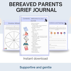 Puede incluir: Un diario de duelo para padres en formato PDF editable de 45 páginas, que incluye una tabla de contenidos, una rueda de emociones y hojas de trabajo sobre sentimientos. Contiene ilustraciones de personas escribiendo y reflexionando en tonos azules.