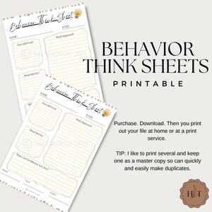 Puede incluir: Hojas de reflexión de comportamiento imprimibles con espacio para nombre, fecha, sentimientos, acciones y acciones futuras. Las hojas tienen un diseño de papel rasgado e incluyen el texto "Behavior Think Sheets Printable".