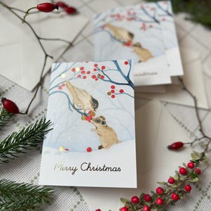 Weihnachtskarten (1 Stück) "Maus & Meise" mit Goldprägung (mit weißem Umschlag)