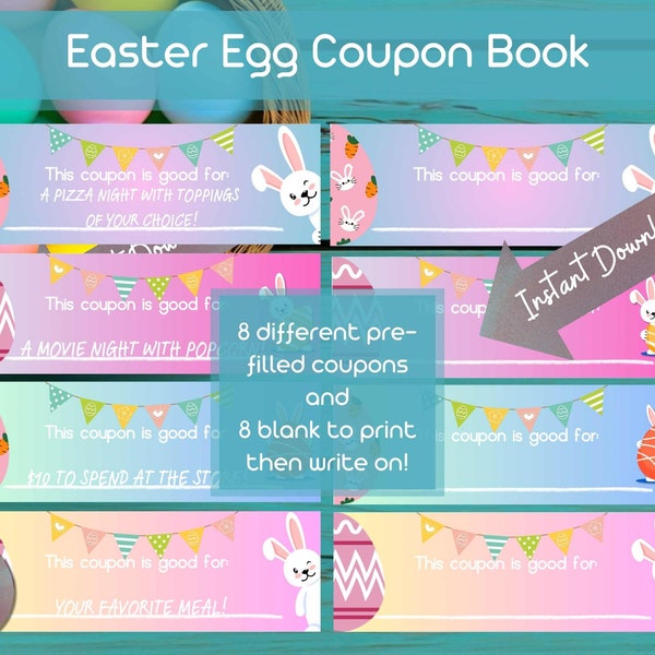 Printable Easter Egg Coupons for Easter Egg Fillers, Egg Hunt Reward, Easter Bunny Instant Download, Kids Easter Basket, Kids Activity