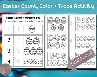 Easter Count 1-10, Number Tracing 1-10, Easter Egg Coloring Activity, Happy Easter Coloring Sheets, Printable Coloring Counting Education