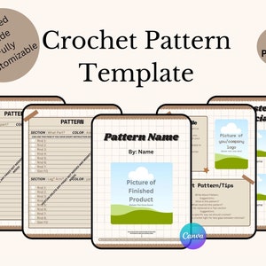 May include: A crochet pattern template with 16 pages. The template includes sections for the pattern name, a picture of the finished product, a picture of the creator's logo, and instructions for the pattern. The template is designed to be used with Canva.