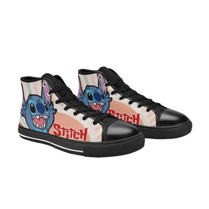 May include: Black high-top canvas shoes with a colorful design featuring Stitch from Lilo & Stitch. The shoes have black laces and a white sole. The design includes the word "Stitch" in red.