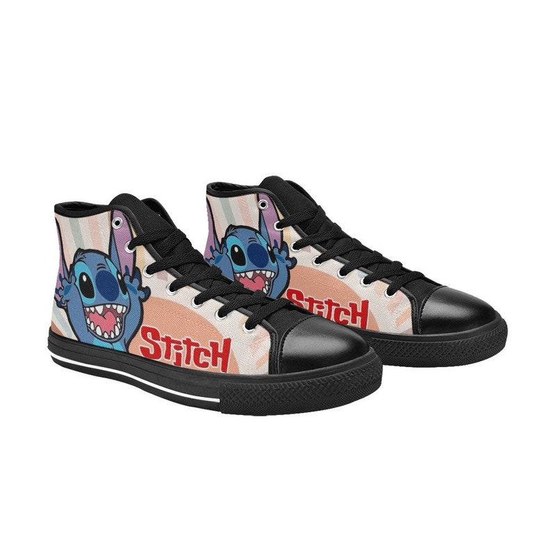 May include: Black high-top canvas shoes with a colorful design featuring Stitch from Lilo & Stitch. The shoes have black laces and a white sole. The design includes the word "Stitch" in red.