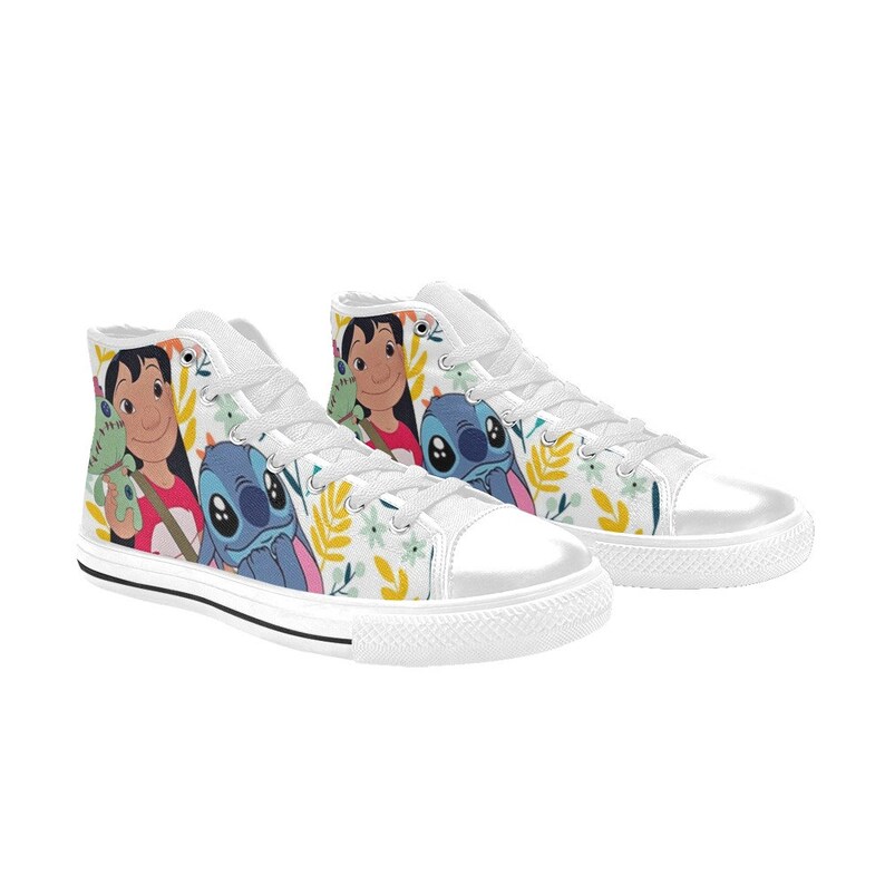 May include: White high-top sneakers featuring a colorful design with cartoon characters Lilo and Stitch. The shoes have a floral pattern and white laces. The sneakers are a fun and playful style.