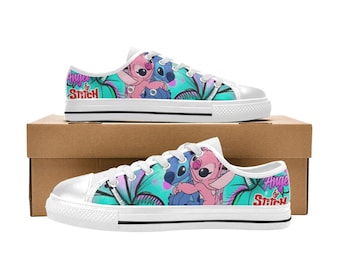 Lage Stitch & Angel-sneakers, schoenen met canvasprint voor kinderen en volwassenen