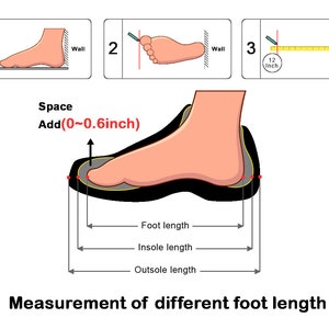 May include: Diagram showing how to measure foot length, insole length, and outsole length in inches. The diagram shows a foot with red dots marking the points to measure from. The text (0-0.8 inch) indicates the allowable tolerance for the measurements.