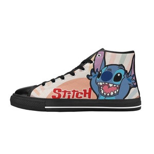 May include: Black high-top canvas shoes with a colorful cartoon image of Stitch from Lilo & Stitch. The shoes have a white background with a red "Stitch" text.