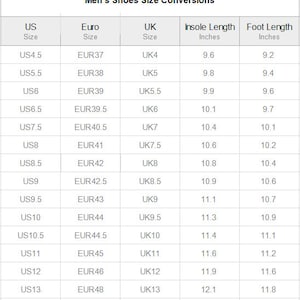 Puede incluir: Un gr&aacute;fico que muestra las conversiones de tallas de zapatos para hombres en tallas de EE. UU., Europa y Reino Unido. El gr&aacute;fico tambi&eacute;n incluye las medidas de la longitud de la plantilla y la longitud del pie en pulgadas.