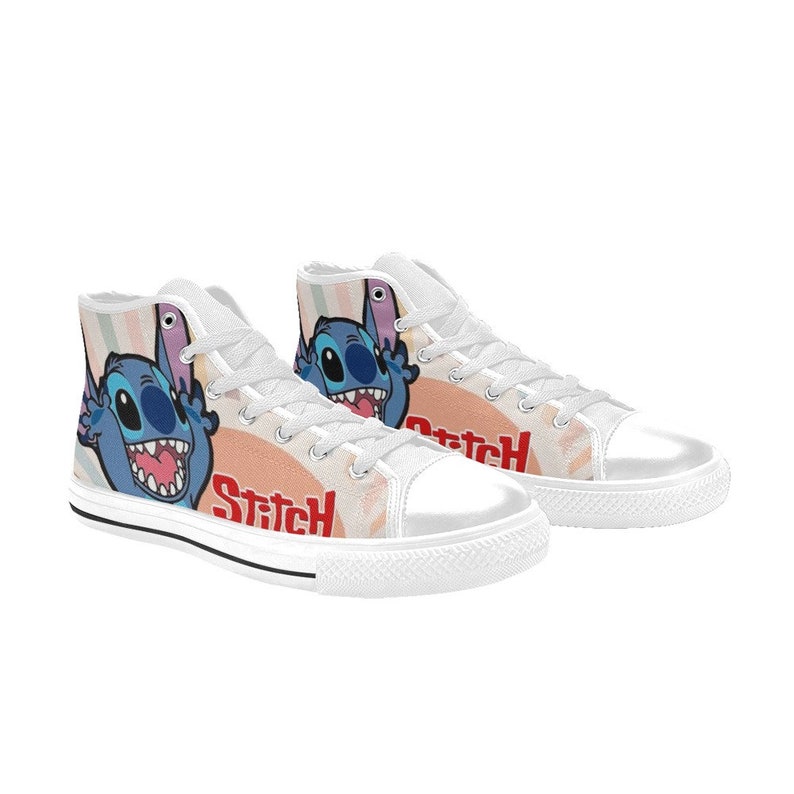 May include: White high-top canvas shoes with a colorful cartoon Stitch design and the word "Stitch" in red letters.