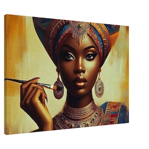 Regal Afro-Caribbean Woman Canvas - Vibrant Royal Portrait with Paintbrush & Gold Abstract Background