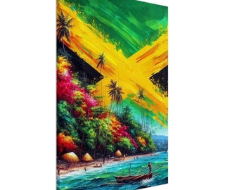 Jamaican Serenity: Beach, Boat, and Flag Canvas