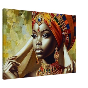Regal Afro-Caribbean Woman Canvas - Brightly Coloured Portrait with Gold Abstract Background