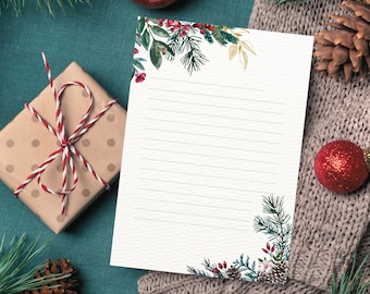 Christmas stationery to print, digital download for Christmas, fir branches Christmas stationery, A4, lined and unlined