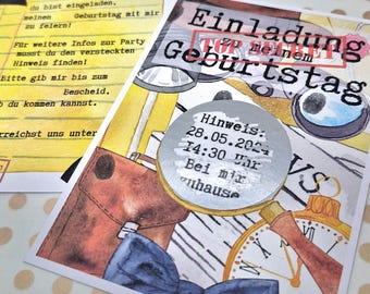 Detective-themed birthday invitation with secret scratch-off panel | Interactive children's birthday invitation