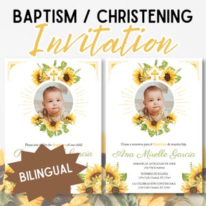 Sunflower Baptism Invitation: Baby Girl Christening, Photo Template (Digital Download)