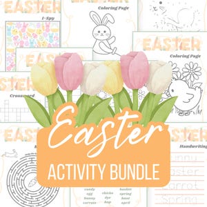 Puede incluir: Un paquete de actividades de Pascua imprimible con una variedad de actividades para niños, que incluyen páginas para colorear, un rompecabezas de unir puntos, un laberinto, un crucigrama y una hoja de práctica de escritura. El paquete presenta una ilustración colorida de tulipes y el texto "Easter Activity Bundle".