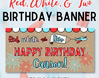 Red White and Two Birthday Banner, 4th of July Plane Theme (Digital Download)