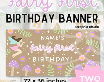 Fairy First Birthday Banner Template | Editable Canva Banner | Fairy Birthday Backdrop | Woodland Party Decor | 1st Birthday Girl