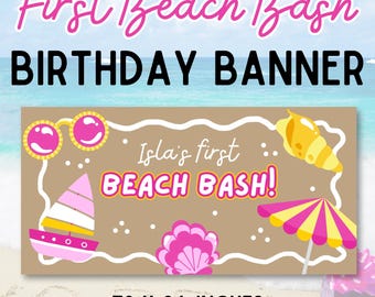 First Beach Bash Birthday Banner: Pink & Yellow, Editable Template (Digital Download, 72x36 inches)