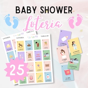 Lotería / Bingo Bilingüe para Baby Shower con 25 Tablas No Repetidas y Baraja de 54 Cartas de Llamada (Baraja) / Descarga Digital