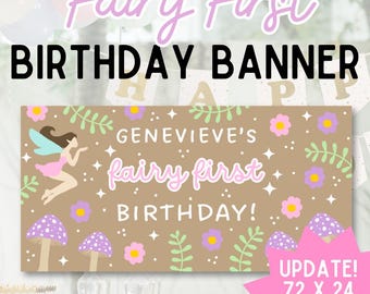 Fairy First Birthday Banner Template: Pink & Purple Party Banner | Girl Birthday Decoration | Editable in Canva (Digital Download) | 2 Sizes