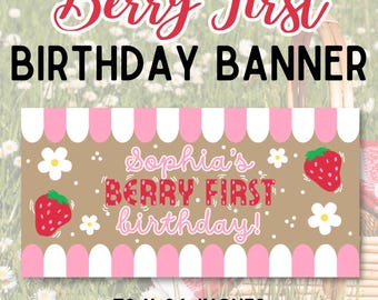 Berry First Birthday Banner: Strawberry Party Decor (Digital Download, 72x36 inches)