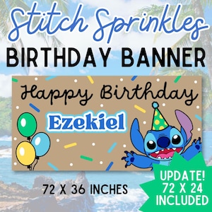 Può includere: Un banner di compleanno con la scritta "Stitch Sprinkles BIRTHDAY BANNER" e "Happy Birthday Ezekiel". Il banner include un personaggio dei cartoni animati, palloncini e coriandoli. Il banner misura 183 x 91 cm.