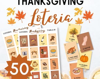 Bilingual Thanksgiving Loteria Game: 50 Unique Boards (Digital Download)
