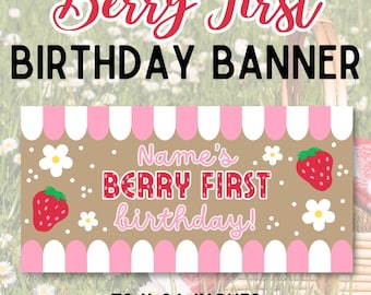 Berry First Birthday Banner: Strawberry Party Decor (Digital Download, 72x36 inches)