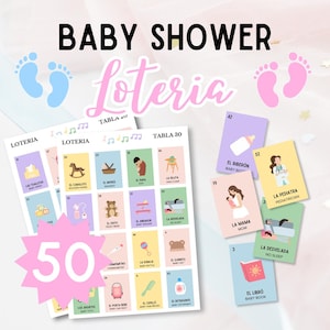 Tweetalige babyshowerloteria/bingo met 50 niet-herhaalde tabla's (borden) en een kaartspel met 54 visitekaartjes (baraja) | Digitale download