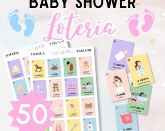 Bilingual Baby Shower Loteria Game: 50 Unique Boards (Digital Download)