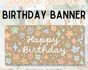 Editable Pastel Doodle Happy Birthday Banner Template (Digital Download)