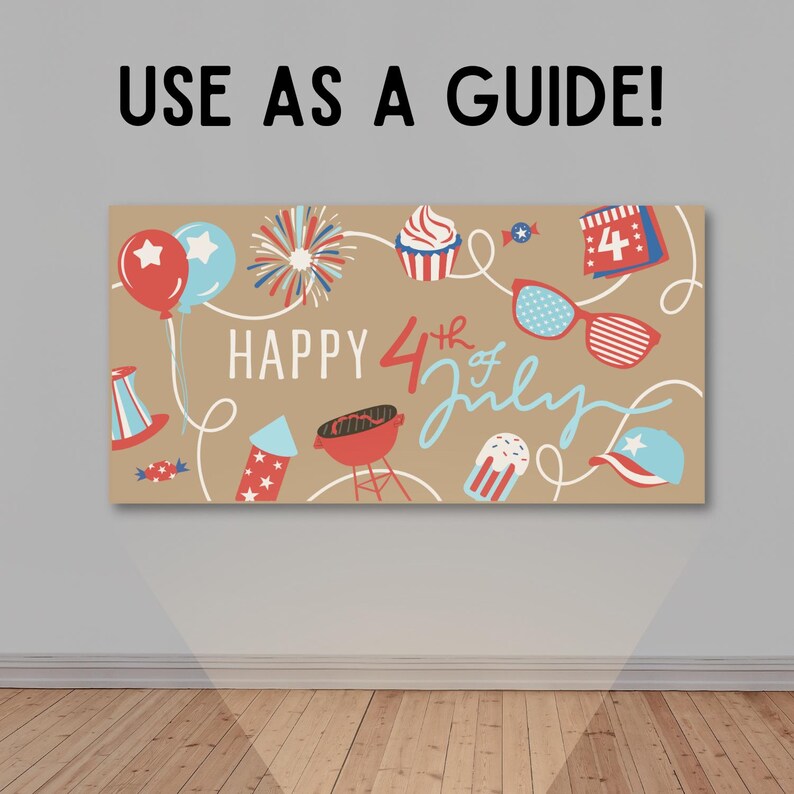 May include: A rectangular banner with a tan background features festive illustrations for the 4th of July. The words "HAPPY 4th of July" are displayed with images of fireworks, cupcakes, and sunglasses. The text "USE AS A GUIDE!" is at the top.