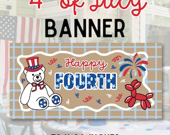 4th of July Bear Banner Template: Red White and Blue Party Decor (Digital Download)