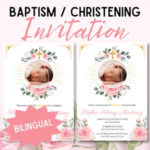 Rose Baptism Invitation: Baby Girl Christening Photo Template (Digital Download)
