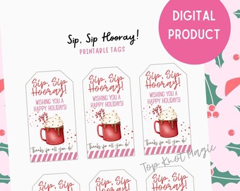 Wydrukuj Sip, Sip Hooray Życzę Ci Wesołych Świąt Etykieta na prezent, Etykieta na prezent świąteczny Hot Cocoa, Upominek na przyjęcie świąteczne, Natychmiastowe pobranie