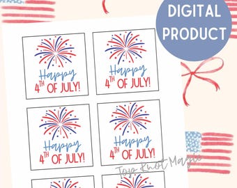 4th of July Gift Tag Printable, Happy 4th of July  PDF Tag, Patriotic Red White Blue Fireworks, DIY Party Favor Instant Download