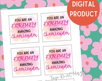 May include: A sheet of six square digital product cards with the text "YOU ARE AN EXTREMELY AMAZING Cheerleader" in pink and black. The cards are on a white background with a floral pattern in pink and green.