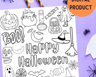 Halloween Coloring Page For Kids, Halloween Party, Spooky Coloring Sheet, Ghosts, Printable, Digital Download