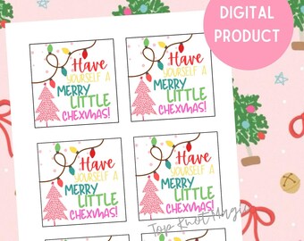 Boże Narodzenie Spraw sobie Wesołą, Małą Chexmas Wdzięczność Wydrukowane etykiety na prezenty Etykieta na świąteczną przekąskę Współpracownik w biurze Pracownik Personel Zespół Przyjaciel